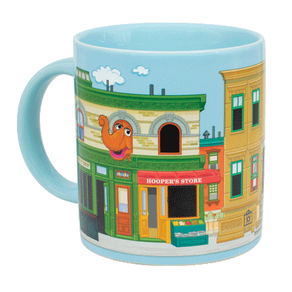 Animated Sesame Street Sunny Days Heat Change Mug changing from cold to hot as characters appear in the windows.