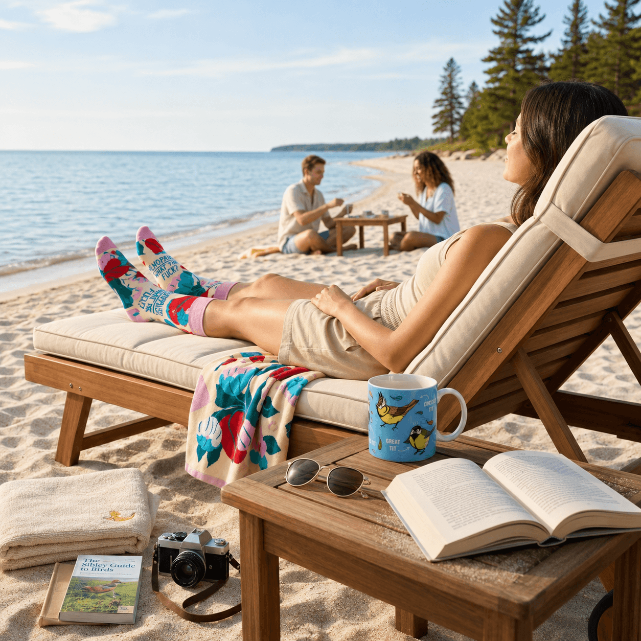 Woman relaxing on a beach lounger wearing funny menopause socks beside a blue bird mug, books, and summer gift accessories from Canadian gift shop Danna Bananas.