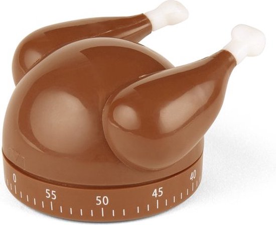 Turkey-shaped kitchen timer with drumstick handles — 60-minute mechanical countdown timer, a funny novelty gadget for Canadian Thanksgiving cooking.
