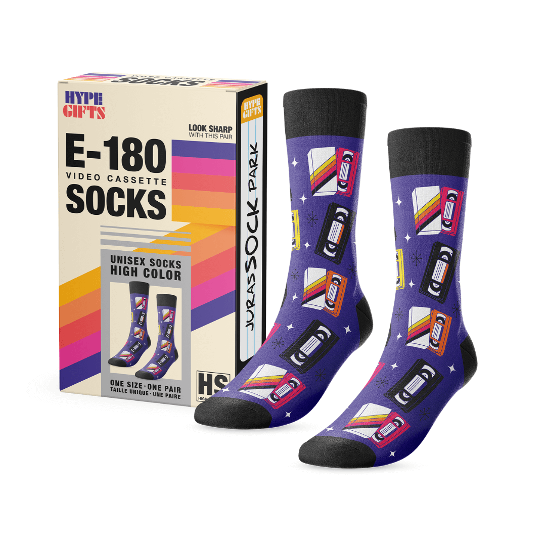 Retro VHS Socks in a video cassette box