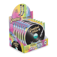 Greatest Hits Vinyl Record Socks: A stylish pair of socks featuring a vinyl record design, perfect for music enthusiasts.