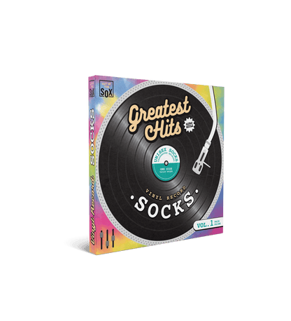 Step up your style game with these "Greatest Hits" Vinyl Record Socks, a must-have for music lovers. (package)