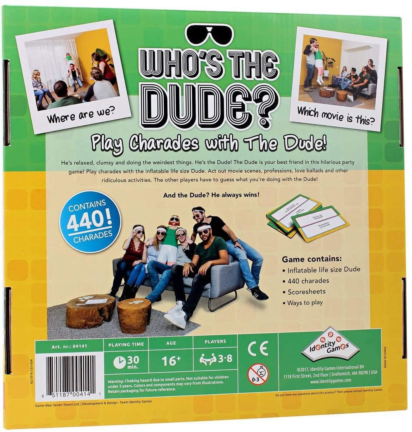 Who's The Dude? Party Charades Game box showing life-size inflatable doll, game components, and instructions for hilarious party fun
