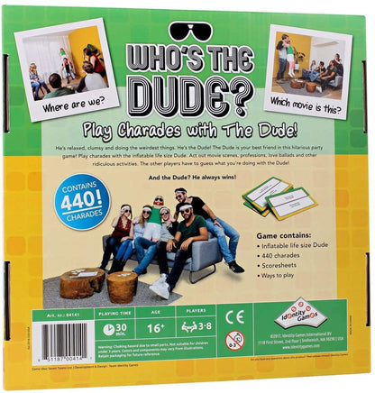 Who's The Dude? Party Charades Game box showing life-size inflatable doll, game components, and instructions for hilarious party fun