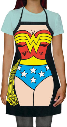Woman wearing Wonder Woman apron featuring classic costume design with red, yellow, and blue colors and star accents, ready for culinary action.