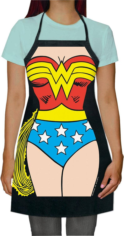 Woman wearing Wonder Woman apron featuring classic costume design with red, yellow, and blue colors and star accents, ready for culinary action.