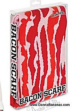Funny bacon scarf in retail packaging, a novelty red-and-white scarf designed to look like crispy bacon strips.