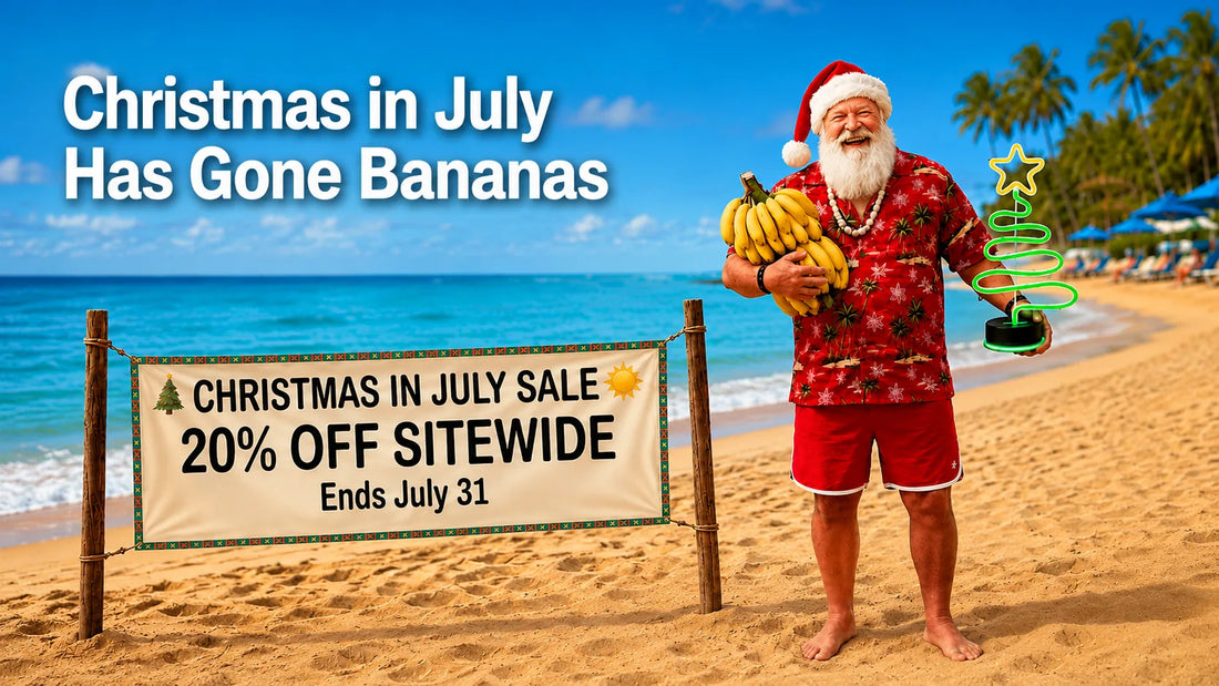 Santa holding bananas and a neon Christmas tree beside a beach sign advertising 20% off sitewide for the Christmas in July sale ending July 31.