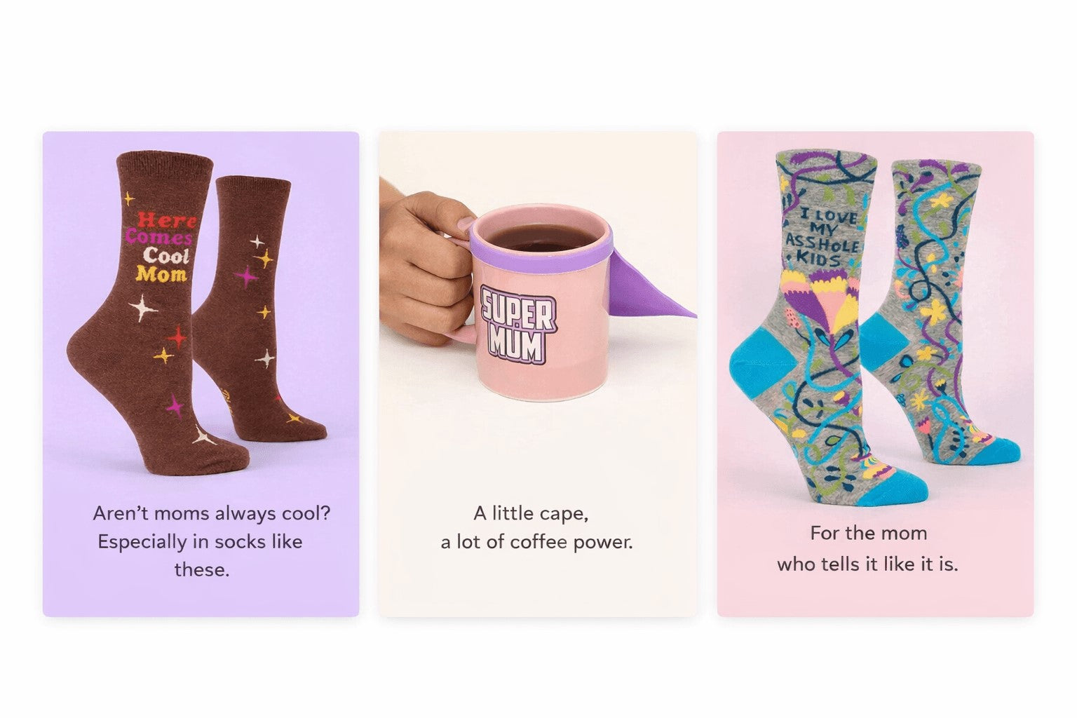 Funny Mother's Day gifts in Canada featuring Cool Mom socks, Super Mum mug, and Asshole Kids funny socks from Danna Bananas