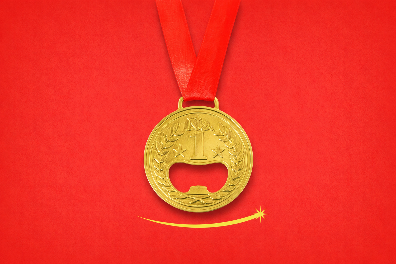 Gold medal bottle opener with red ribbon, funny Canada gift for Olympic viewing parties