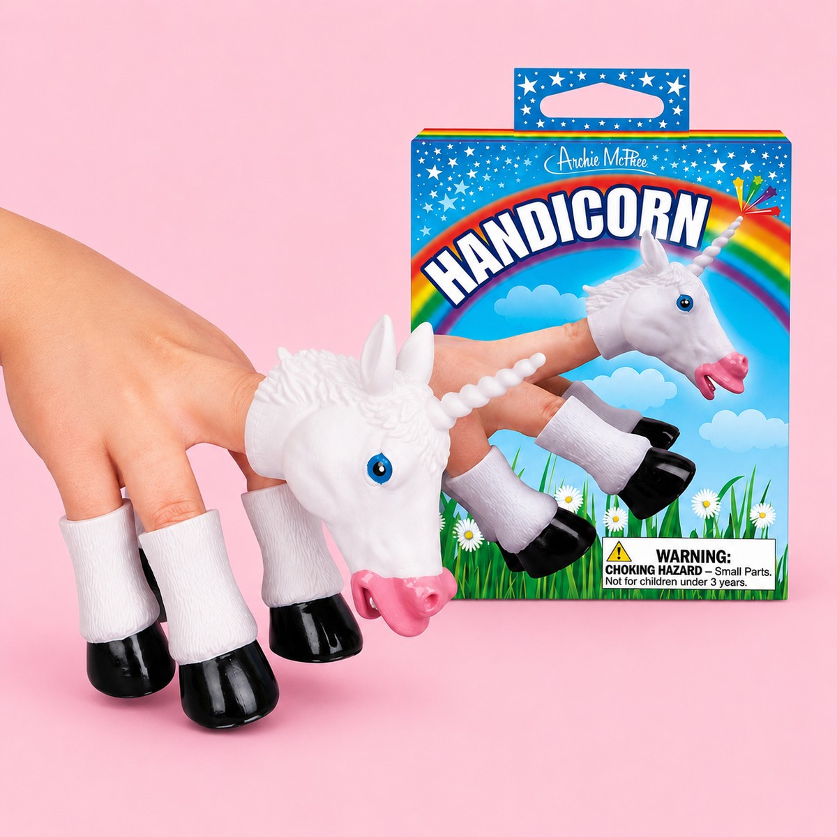 Handicorn novelty gift finger puppet with rainbow packaging