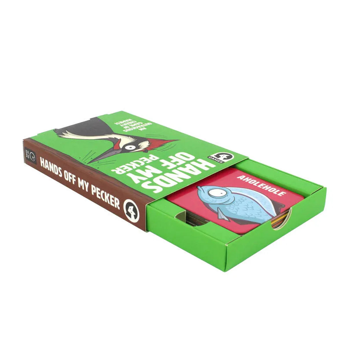 Hands Off My Pecker card game box open with cards