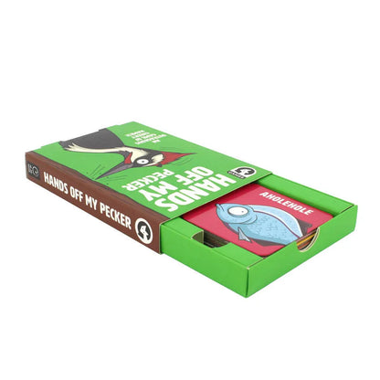Hands Off My Pecker card game box open with cards