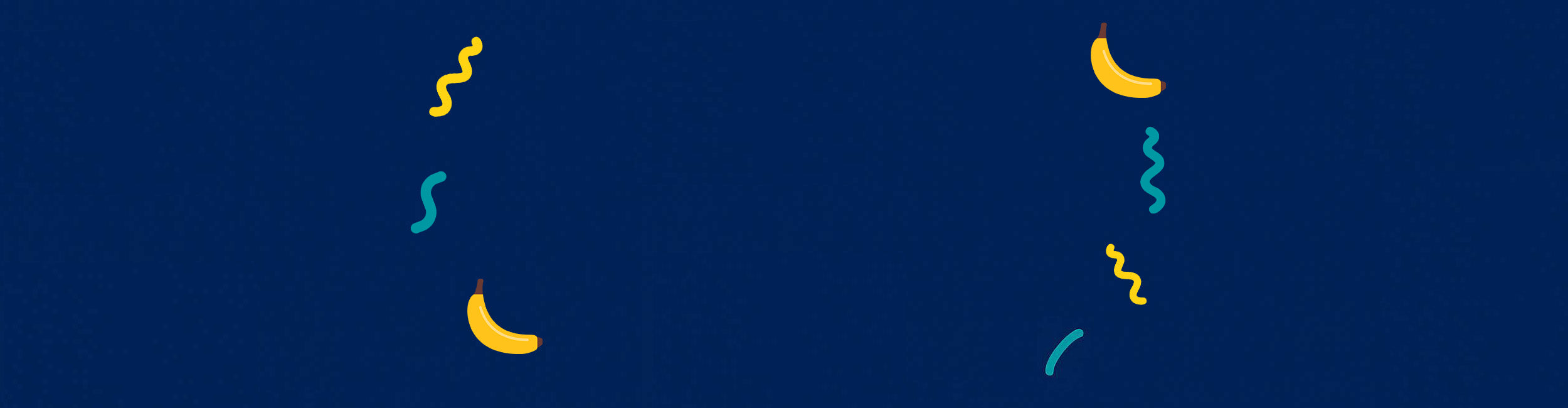 Navy blue retro banner with playful bananas and streamers, introducing Danna Bananas as the home of funny, quirky gifts.