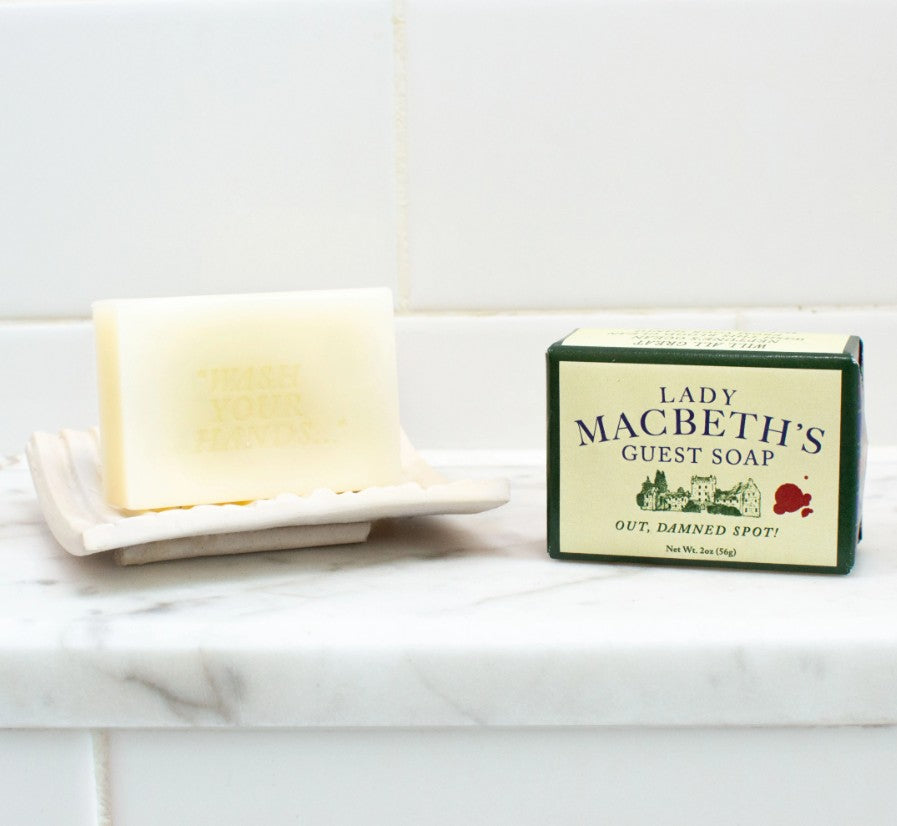 Lady MacBeth's Guest Soap Unwrapped. Soap stamped with Wash Your Hands.