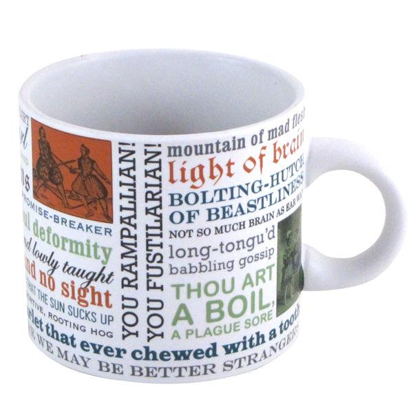 The Shakespeare Insults Mug by Danna Bananas features vibrant text highlighting Shakespearian insults such as "mountain of mad flesh" and "thou art a boil," against an alternating white and orange background, making it a perfect gift for literary fans.