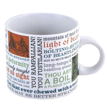 The Shakespeare Insults Mug by Danna Bananas features vibrant text highlighting Shakespearian insults such as "mountain of mad flesh" and "thou art a boil," against an alternating white and orange background, making it a perfect gift for literary fans.