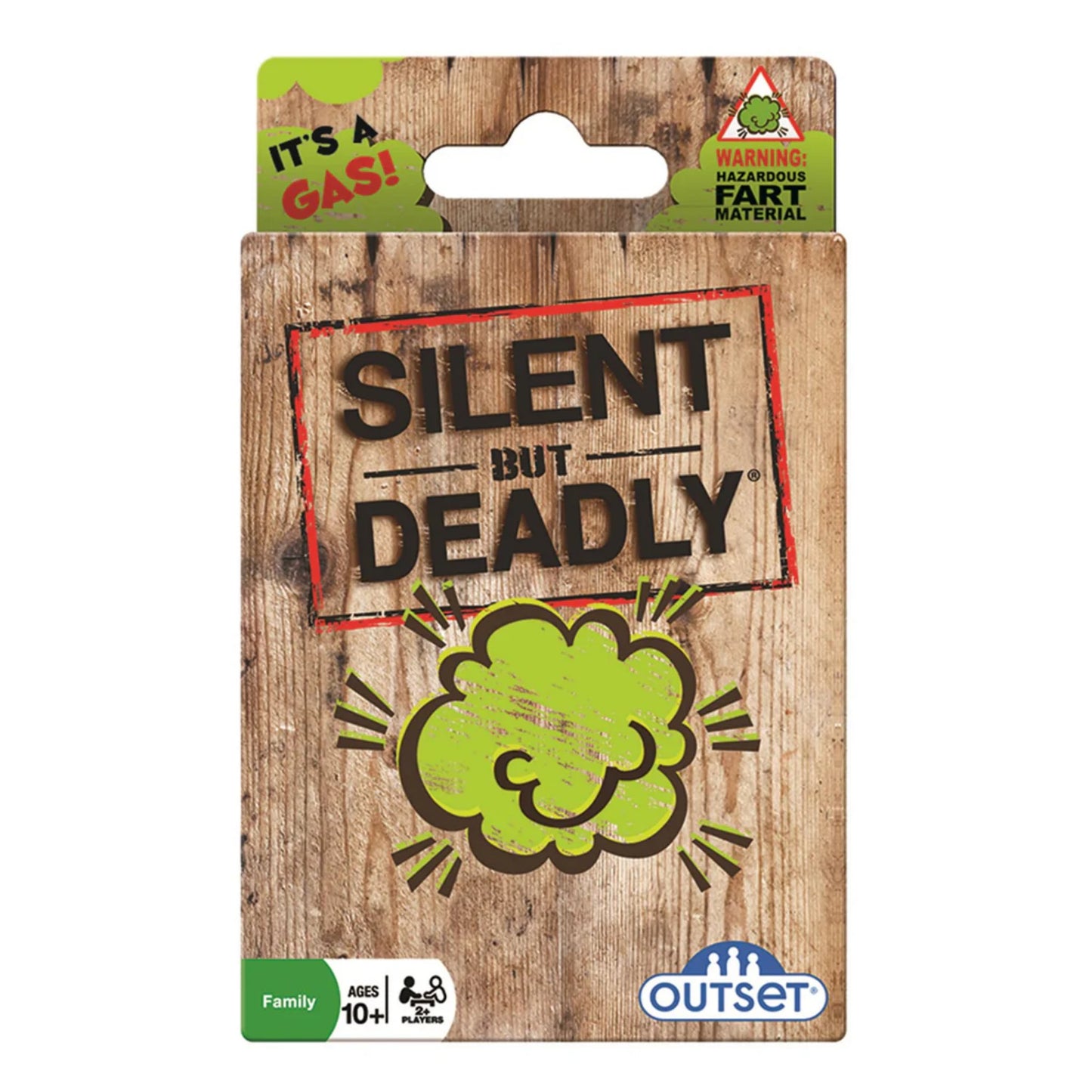 Funny “Silent But Deadly” fart card game front packaging with bold graphics, a silly family-friendly card game for kids and adults shipped from Canada.