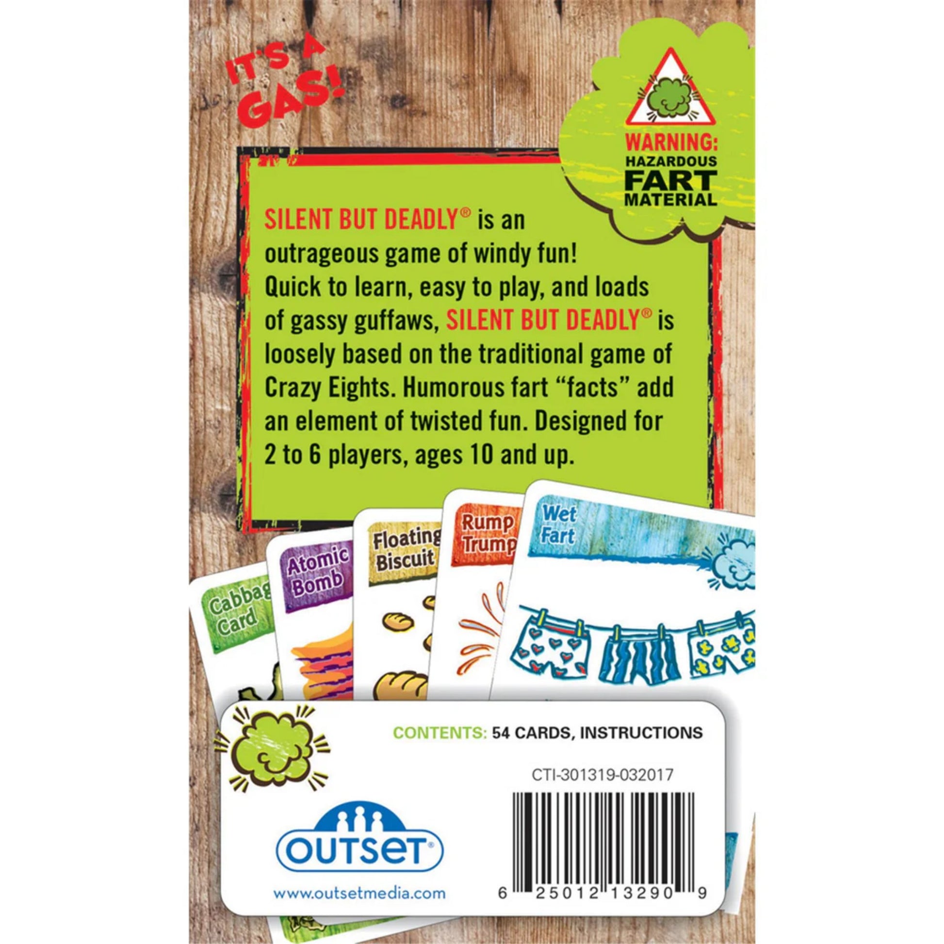 Back of the “Silent But Deadly” fart card game packaging showing game description, playful warnings, and details for a lighthearted family game night.