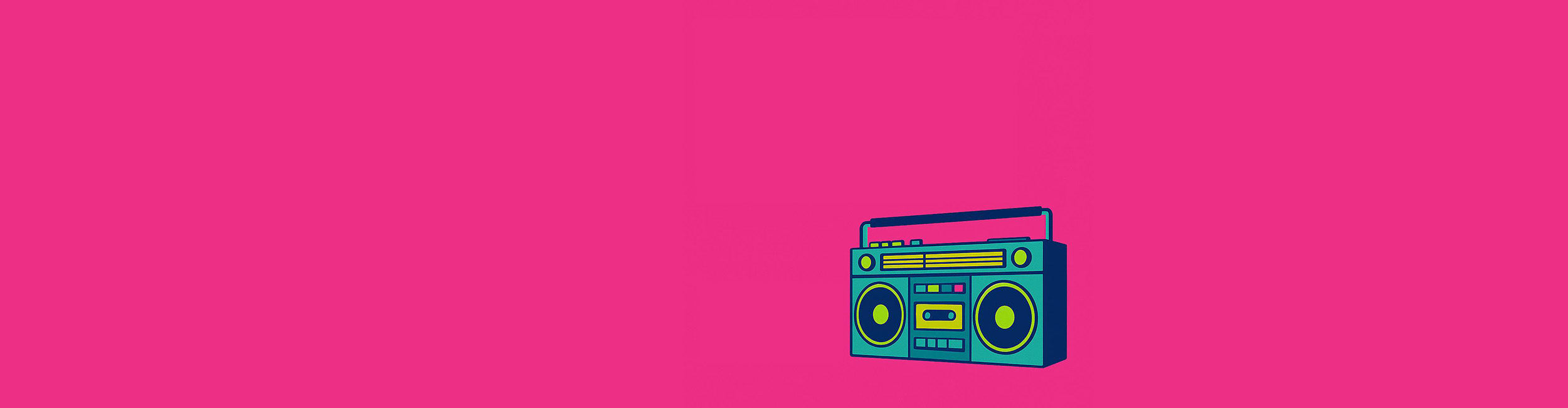 Fluorescent pink retro banner with lime green text and a boombox, decorated with playful 80s shapes, promoting retro gifts at Danna Bananas.