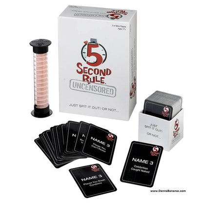 Photo of Danna Bananas' "5 Second Rule Uncensored Game" showing black cards with "NAME 3," a timer with pink beads, for 3+ players aged 17+, perfect for nighttime fun.