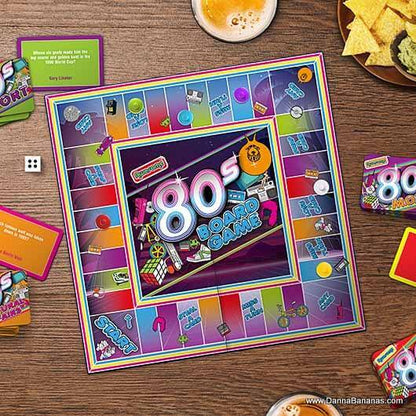 Awesome 80s Board Game featuring trivia questions, colorful board, and retro icons for nostalgic fun.