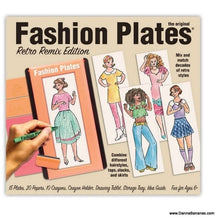 The box cover of the Outset Media "Fashion Plates Retro Remix Edition" features a drawing tool and mix-and-match fashion templates, with three illustrated models in vintage-inspired outfits. The text emphasizes the inclusion of 15 plates, 20 sheets of paper, crayons, and a drawing tablet.