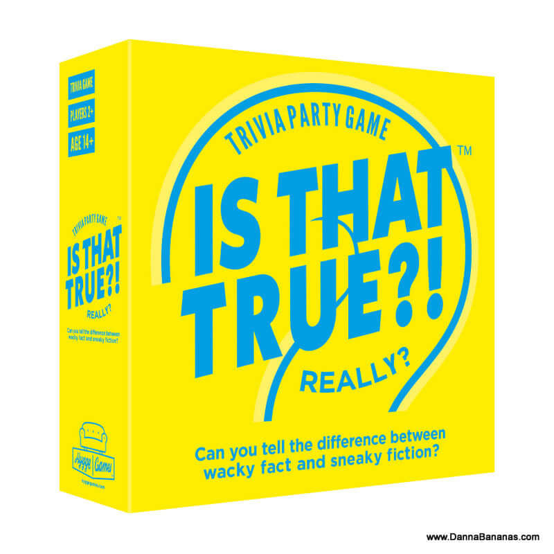 Yellow box of "Is That True? Really? Hygge Party Trivia Game" with blue text. This entertaining game by Danna Bananas is perfect for players aged 14 and up, challenging them to distinguish between facts and fiction. Ideal for a board game night or a Hygge-inspired trivia session.