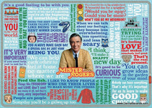 This vibrant 1000-piece puzzle from The Unemployed Philosophers Guild portrays a colorful collage akin to a jigsaw puzzle, showcasing Mister Rogers, the cherished children's television icon. He is depicted at the center with a warm smile and his iconic red sweater, surrounded by various quotes in different fonts and colors that emphasize themes of kindness, curiosity, and community.