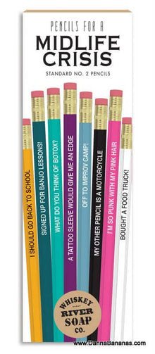 The "Pencils for Midlife Crisis" from Whiskey River Soap Co. bring a touch of humor to your day with their vibrant Standard No. 2 Pencils, each engraved with funny phrases such as "Should I go back to school?" and "Bought a food truck.