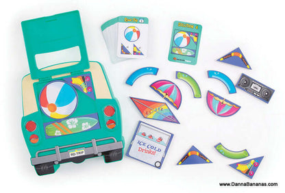 Image of the Road Trip Packing Puzzle by Outset Media, showcasing a green car case filled with vibrant beach-themed puzzle pieces and a stack of cards. This brainteaser game challenges your spatial reasoning skills with its curved and triangular shapes, including an "ICE COLD Drinks!" piece.