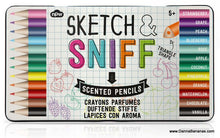 Image of a vibrant collection of triangle-shaped scented pencils from NPW, named "Sketch & Sniff Scented Pencils." These delightful pencils come in fruity scents such as strawberry, grape, and peach, among others. The lively packaging showcases vivid fruit illustrations. Ideal for creative individuals aged 5 and up!