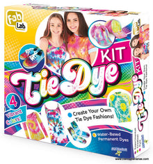 The packaging of the Outset Media Tie Dye Kit is eye-catching with its display of vibrant clothing and accessories. Boasting "4 Vibrant Colors," it invites you to "Create Your Own Tie Dye Fashions!" using non-toxic, hypo-allergenic, water-based permanent dyes. The box is adorned with the image of two smiling individuals, emphasizing the fun experience.