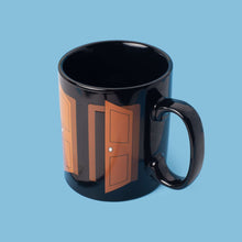 A mug showing a shut closet door.