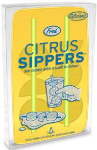 Danna Bananas' Citrus Sippers Ice Cube Tray features a vibrant yellow and green package, including innovative ice cube molds with a tropical straw. The design displays citrus slice-shaped ice cubes in a glass, capturing the essence of a chilled Mai Tai.