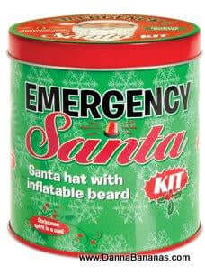 The "Emergency Santa Kit" by Danna Bananas, featuring a festive green and red tin with a snowflake pattern, includes a "Santa Hat with Inflatable Santa Beard." This kit guarantees to provide instant Christmas spirit, making it essential for quick holiday cheer.