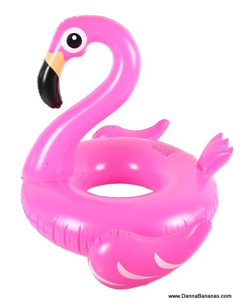The Giant Flamingo Aquatic Toy by Danna Bananas is a vibrant pink, phthalate-free inflatable pool float, designed with a curved neck and playful eyes for a perfect relaxing experience.