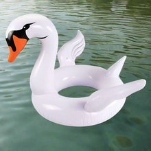 Giant white swan pool float on sparkling water – durable, phthalate-free, and fits 2 adults. Summer’s must-have from Danna Bananas!