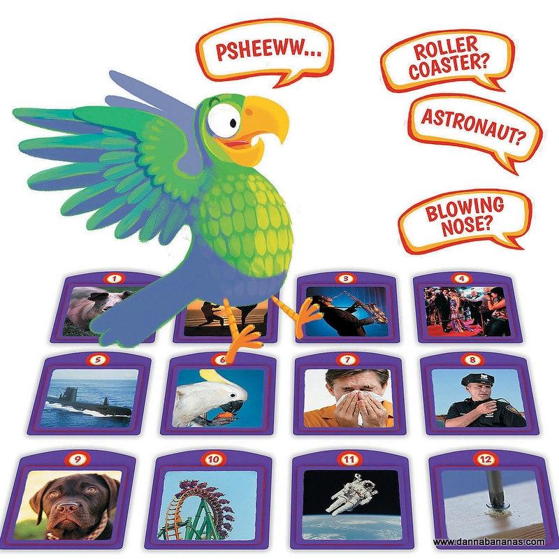 A lively parrot takes center stage on a grid of 12 cards from the Imitator Game by Danna Bananas, each displaying unique scenes such as a plane, hang glider, or roller coaster. As players engage in the sound imitation challenge, speech bubbles resonate with phrases like "PSHEEWW...," "ROLLER COASTER?" and "BLOWING NOSE?." A true PAL Award-winning product that blends fun with learning!
