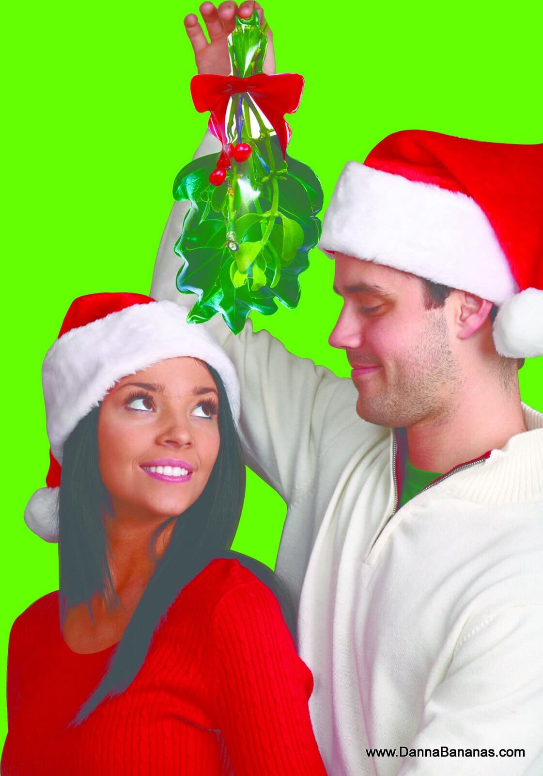 A man and woman wearing Santa hats stand together against a bright green background. The man is holding a Danna Bananas Inflatable Mistletoe above the woman's head. Both are smiling and dressed in festive holiday clothing made of durable vinyl. A website URL is visible in the bottom right corner.