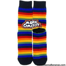 The Mork and Mindy Socks by Danna Bananas feature a retro design with vibrant horizontal stripes in red, orange, yellow, green, blue, and navy.