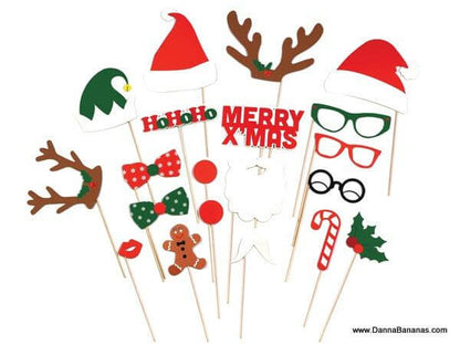 Introducing the Photo Booth XMas set by Danna Bananas—a festive collection of Christmas-themed props perfect for your holiday gathering! This set features Santa hats, antlers, glasses, a gingerbread man, candy canes, holly, and cheerful phrases like "Ho Ho Ho" and "Merry Xmas." It's ideal for adding fun to any Christmas party!