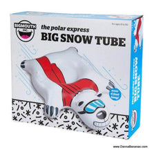The packaging for the "Polar Bear Express Big Snow Tube" by Danna Bananas features an inflatable bear wearing sunglasses and a red scarf, relaxing in a snowy scene. Its durable construction makes it ideal for ages 8 to 80. Over 4 feet long, it includes comfort grip handles for effortless rides.