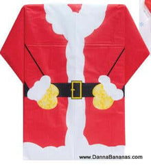 An image showcases a rectangular Christmas-themed tablecloth designed to resemble Santa Claus's red suit with white trim, a black belt with a gold buckle, and white gloves. Ideal for your holiday table decor, it pairs perfectly with Danna Bananas' Santa Suit Holiday Napkins. The website "www.DannaBananas.com" is visible in the bottom right corner.