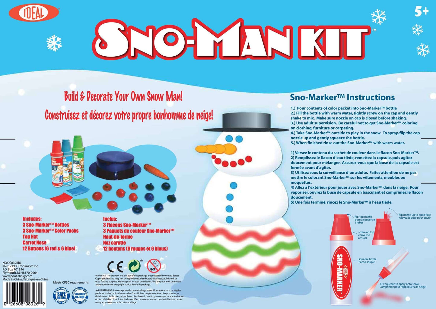 Box art for the Ideal Sno-Man Kit, showcasing a snowman decorated with the kit's contents. Features Sno-Markers in red, green, blue, and yellow; a plastic hat; eyes; noses; buttons; and arms. Instructions on the right explain how to use the markers to color your snowman brilliantly.