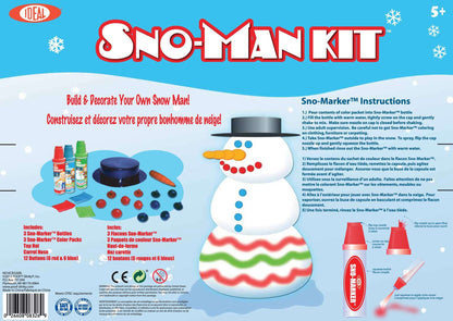 Box art for the Ideal Sno-Man Kit, showcasing a snowman decorated with the kit's contents. Features Sno-Markers in red, green, blue, and yellow; a plastic hat; eyes; noses; buttons; and arms. Instructions on the right explain how to use the markers to color your snowman brilliantly.