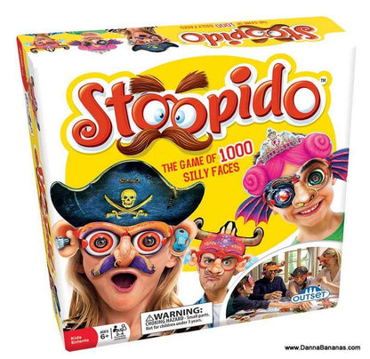 A vibrant box for the "Stoopido Game" by Danna Bananas showcases cartoonish faces with quirky accessories, making it an ideal family game or Christmas gift. Suitable for ages 6 and up.