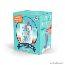 The Danna Bananas Go With The Flow Two For Tea Manatea Mug comes in a charmingly designed box with the "Go with the Flow" slogan, featuring an image of the infuser in a teacup along with product usage instructions for an enjoyable brewing experience.
